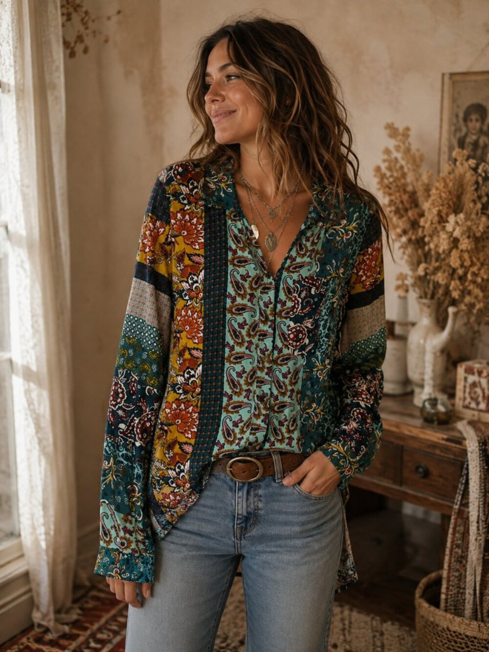 Patchwork Paisley Boho Button Down Blouse